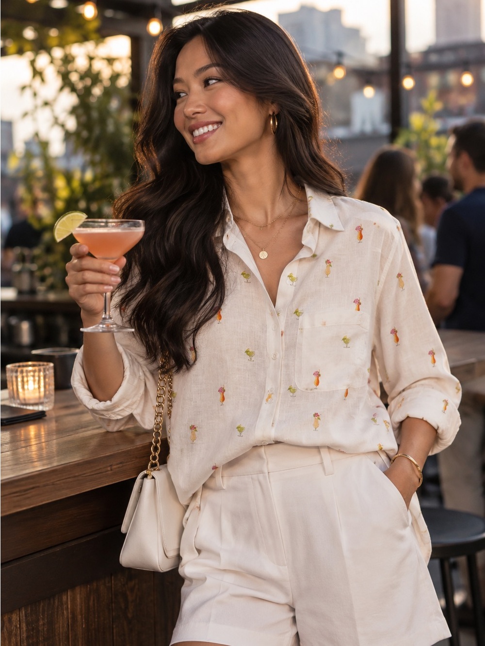 Chico's White Linen Button-Up Shirt with Tiny Tropical 🍹 Pattern